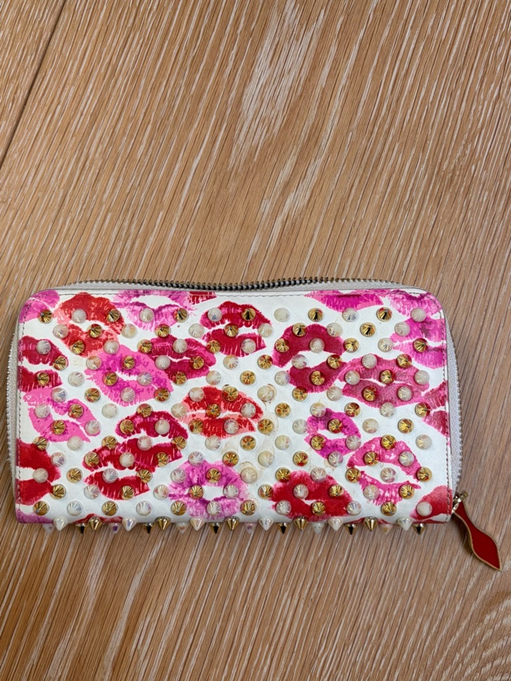 studded Wallet with Pink & Red Lip Print and Gold Studs